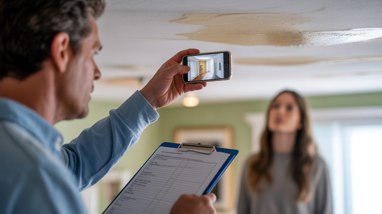 Restoration professional photographing damage to document an insurance claim in Albuquerque